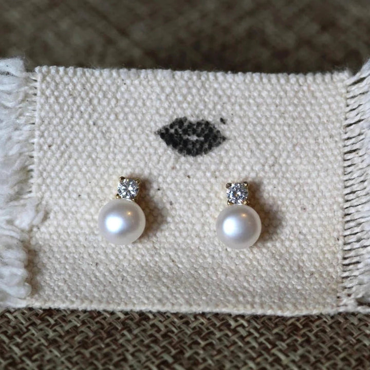 14k Gold Pearl with Diamond Earrings